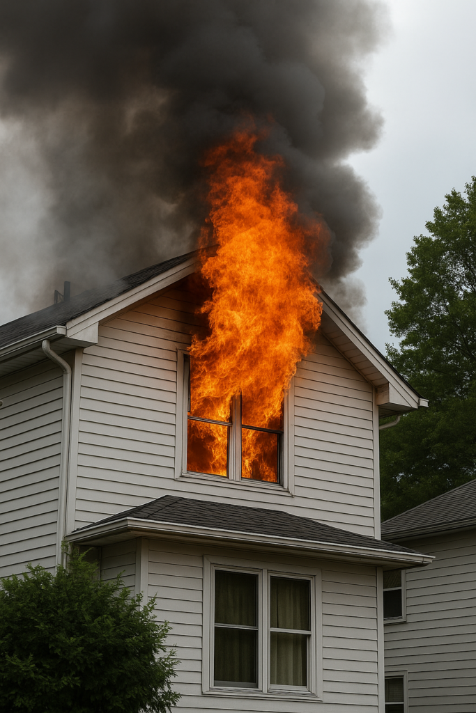 foto di casa con fuoco